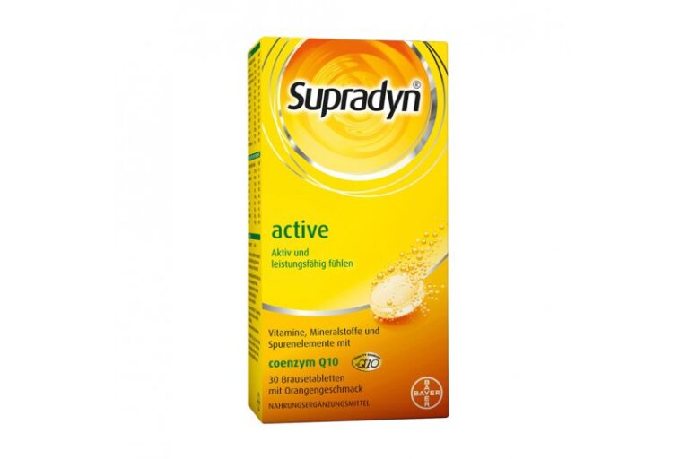 Supradyn active Verpackung für Brausetabletten, gelb mit Orangengeschmack und Coenzym Q10.
