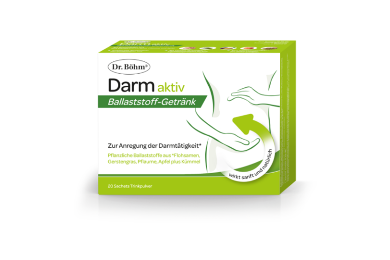 Verpackung des Produkts "Darm aktiv", ein Ballaststoff-Getränk zur Anregung der Darmtätigkeit.