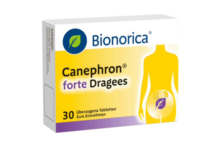 Verpackung von Cannephron forte Dragees in Gelb und Blau, mit Abbildung einer menschlichen Silhouette und Nieren.