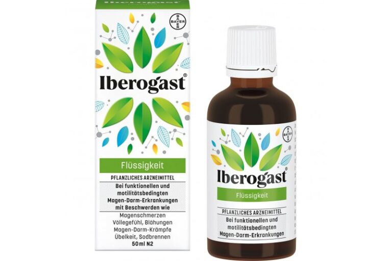 Iberogast-Flüssigkeit in einer braunen Flasche neben der dazugehörigen Verpackung mit grünen Blättern und einer klaren Beschriftung.