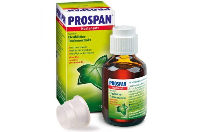 PROSPAN Hustensaft in einer braunen Flasche mit weißem Deckel, umgeben von der Verpackung mit grüner Farbe und Efeublatt-Symbol.